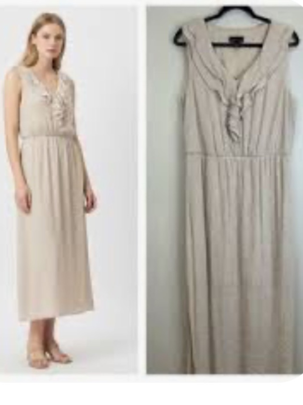 AB Studio Sleeveless Ruffle V-Neck Maxi Dress in Light Beige